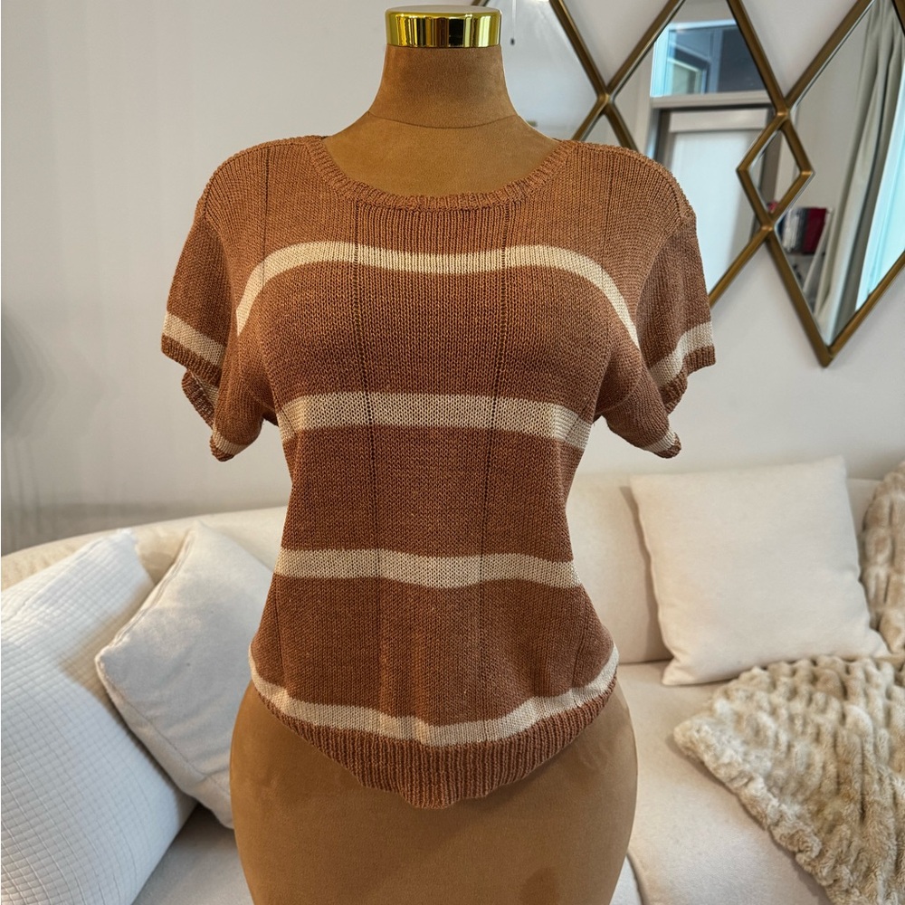 Christian Dior Separates - Striped Scoop-Neck Knit Top in Rust and Cream VINTAGE